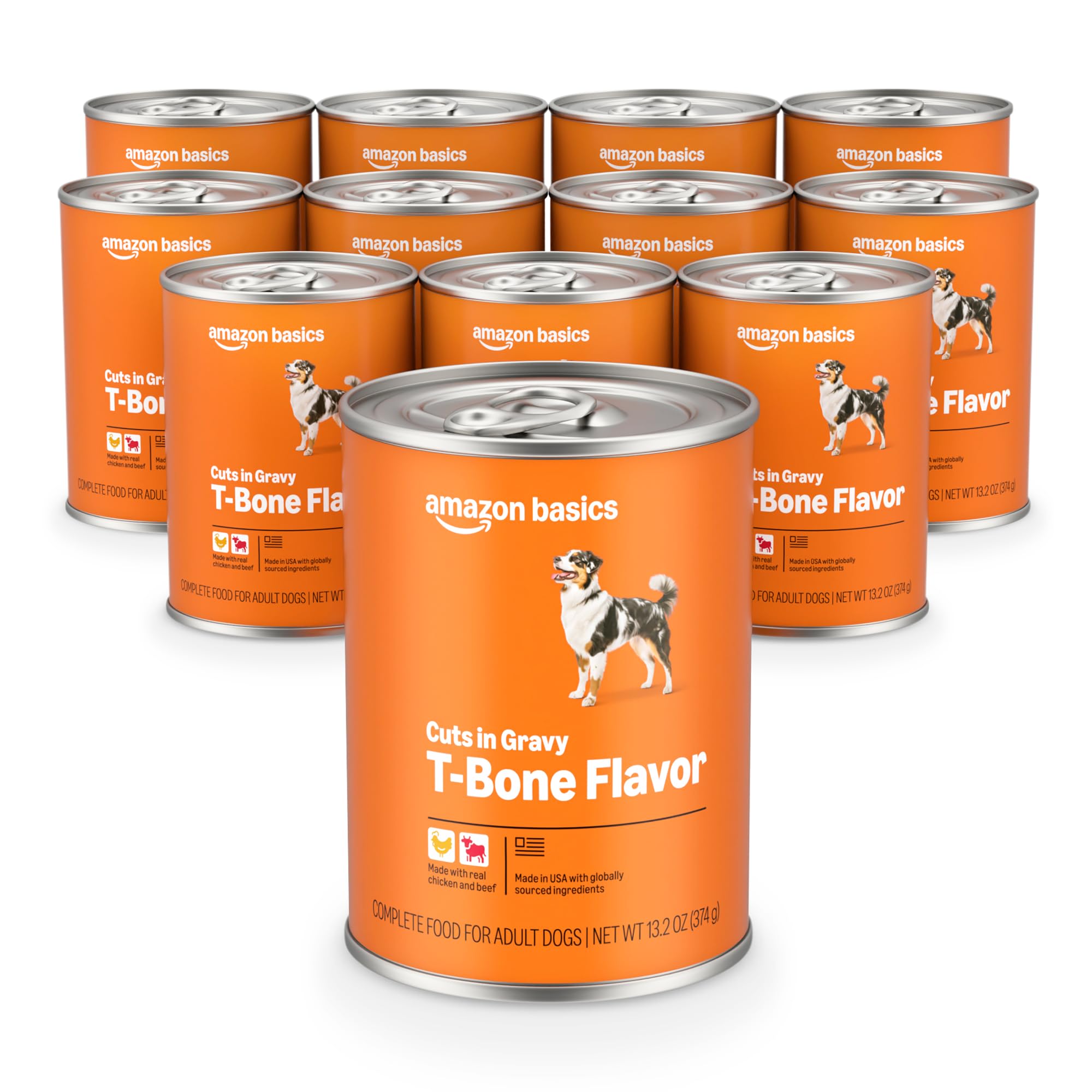 Amazon Basics wet dog food tbone front can showing real chicken and beef for nutrition