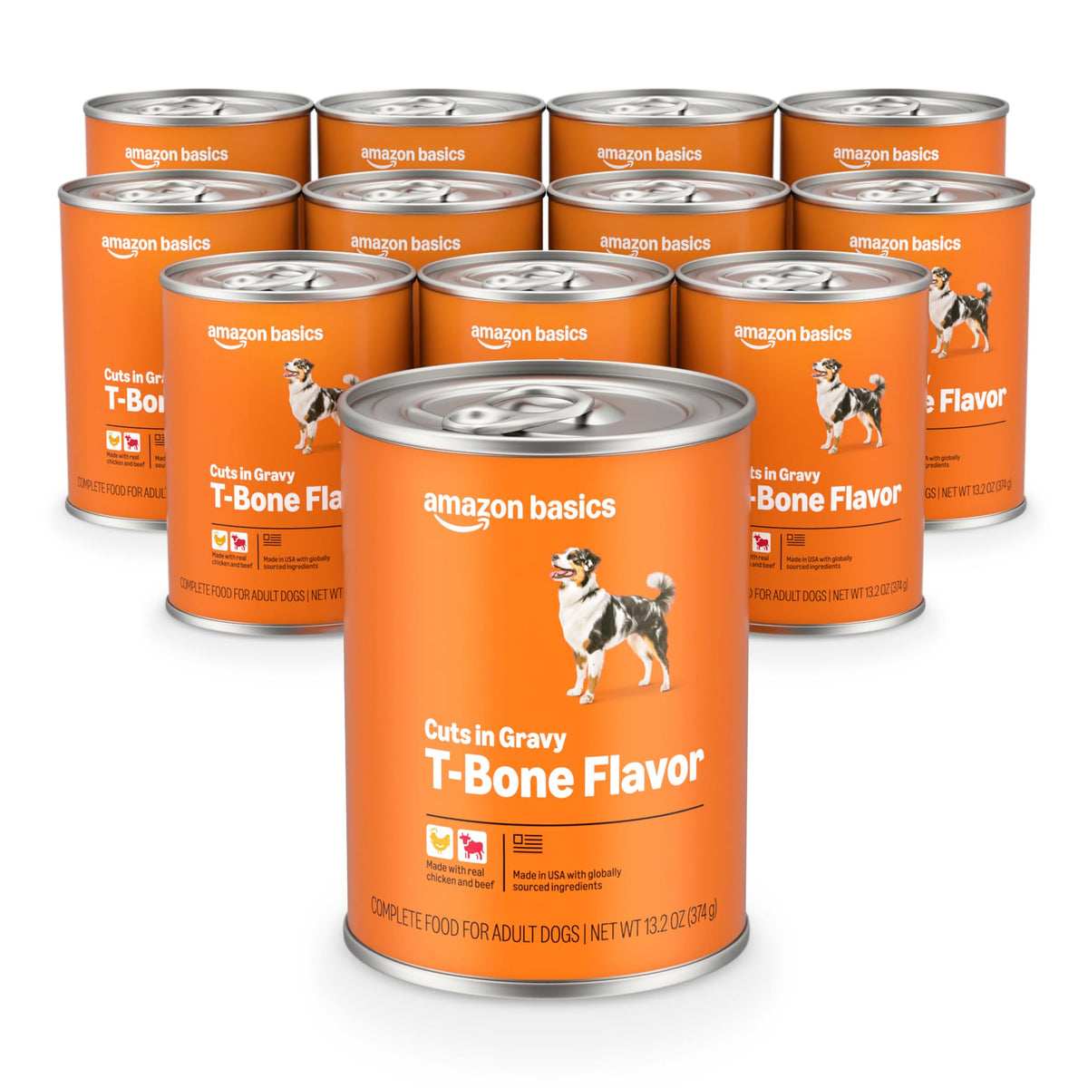 Amazon Basics wet dog food tbone front can showing real chicken and beef for nutrition