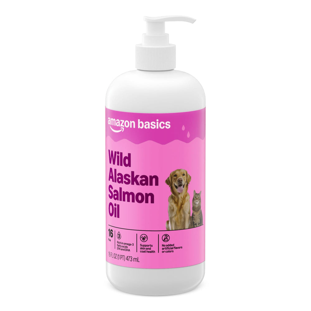 Amazon Basics Wild Alaskan Salmon Oil bottle supports a shiny coat and healthy skin.