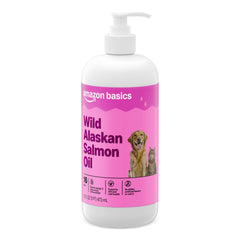 Amazon Basics Wild Alaskan Salmon Oil bottle supports a shiny coat and healthy skin.