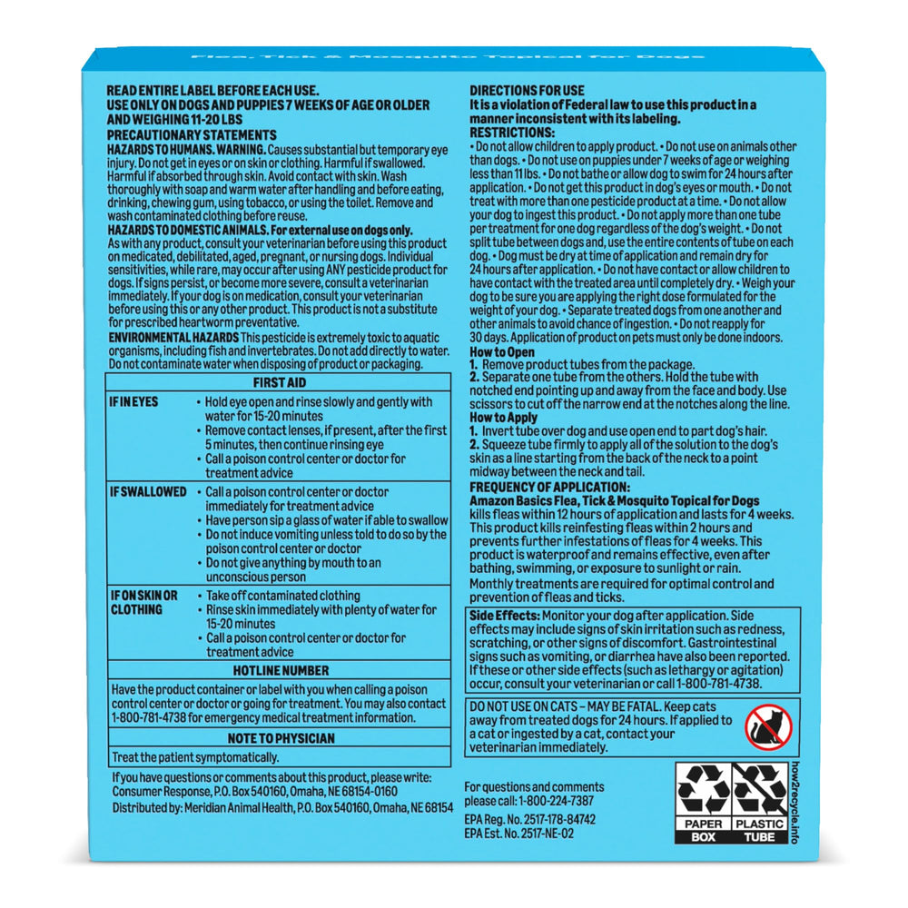 Amazon Basics flea tick mosquito topical demonstrates targeted protection for dogs 11-20 pounds.