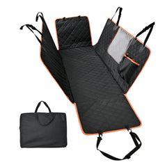 Amazon Basics dog car seat cover in hammock mode protects back seat and calms dogs.