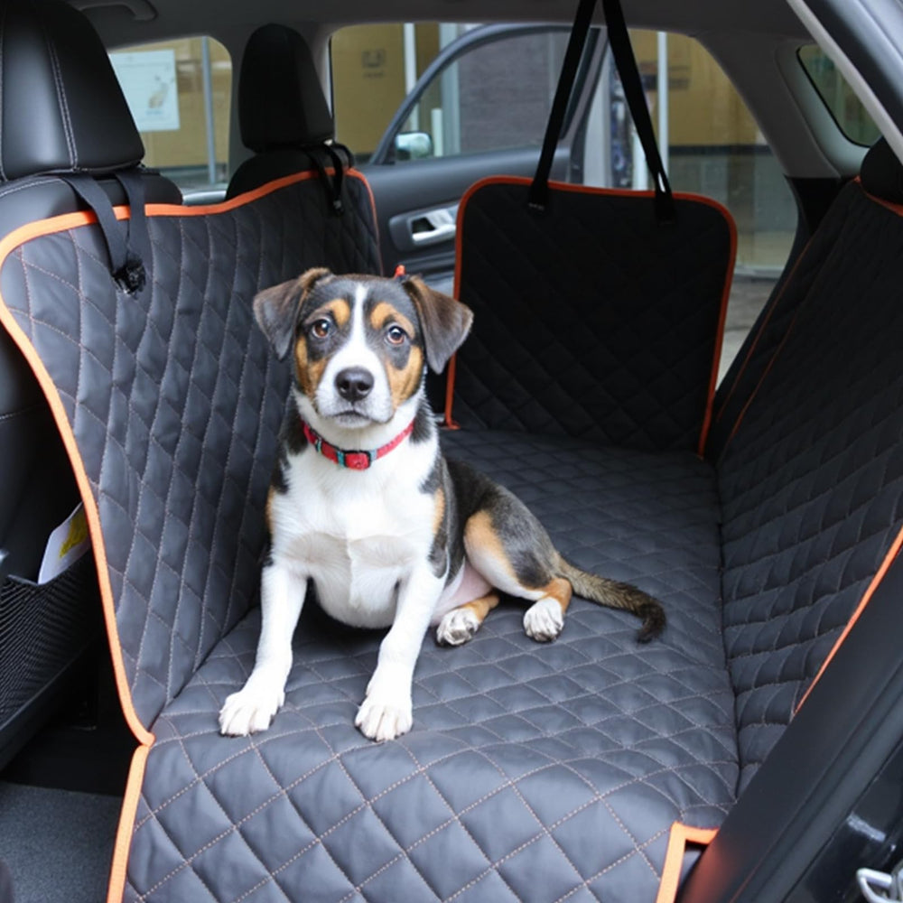 Side flaps and seatbelt openings protect doors while allowing secure restraint.