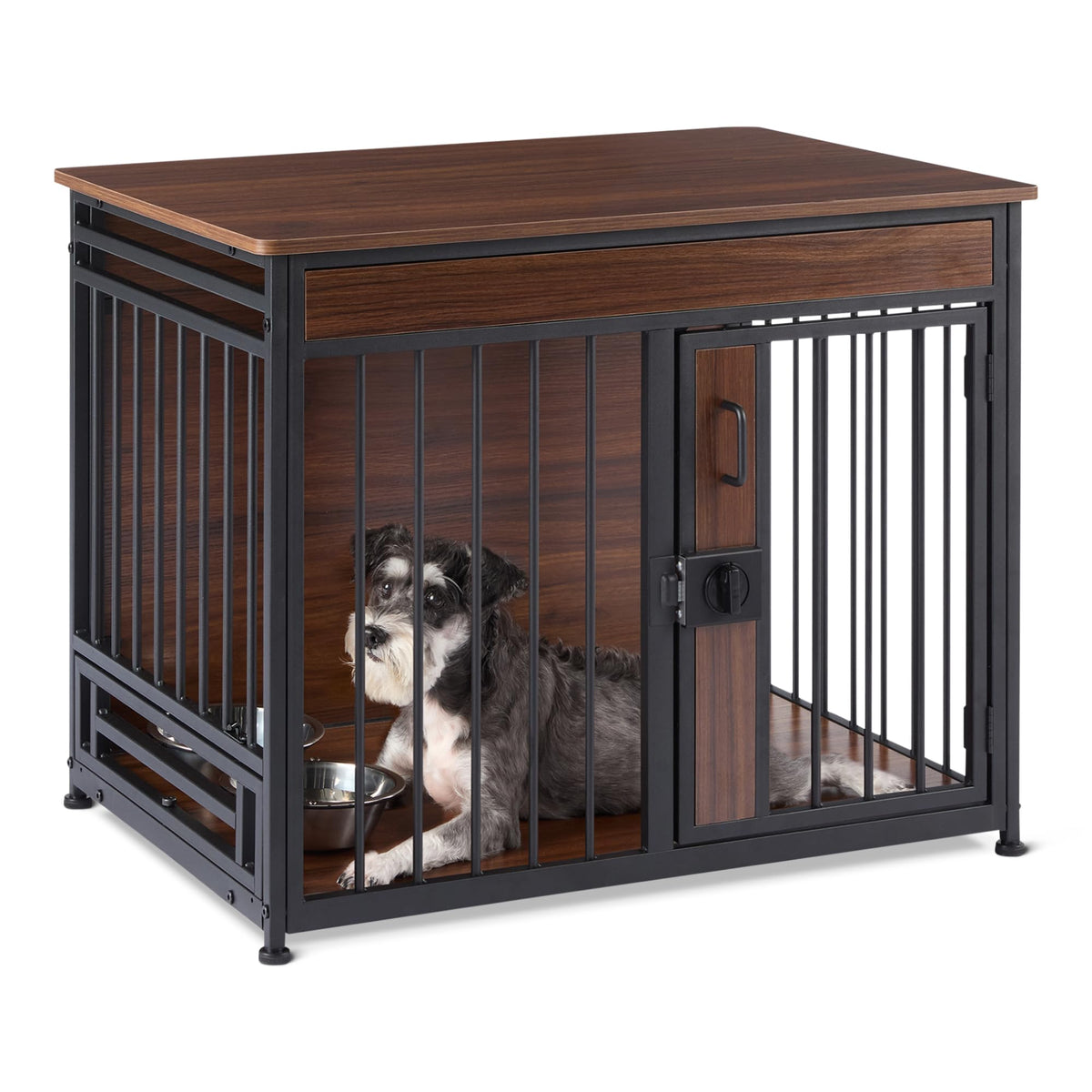 Amazon Basics walnut end-table dog crate with stylish surface and cozy pet space.