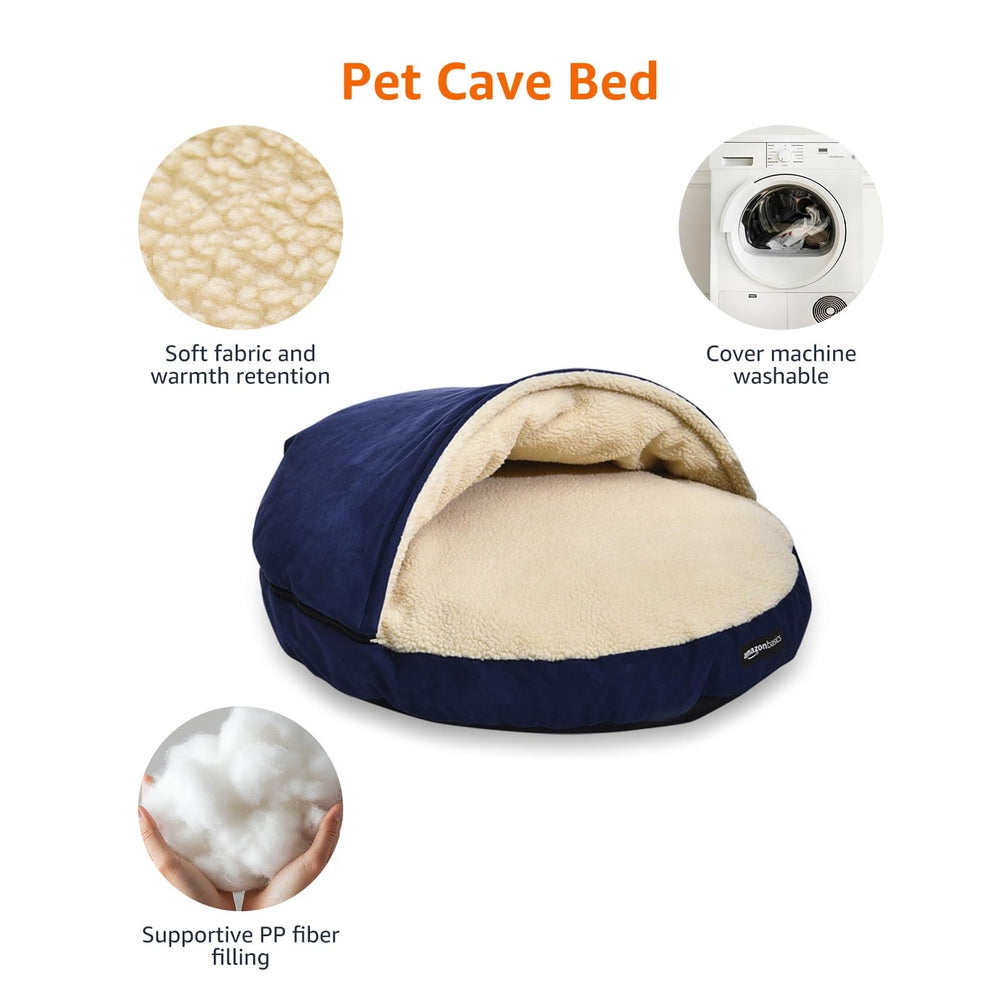 Blue exterior and microfiber lining of the Amazon Basics cave bed for daily lounging