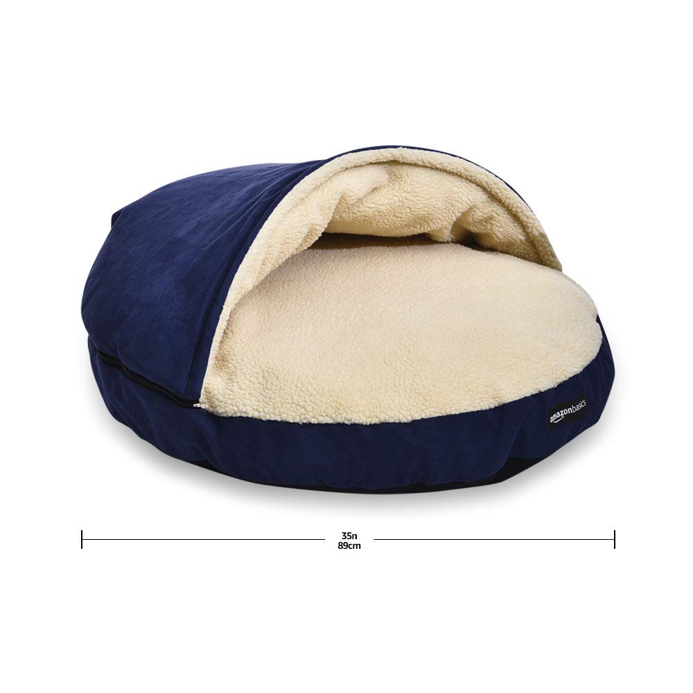 Minimal blue Amazon Basics cave bed suited for dogs and cats