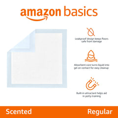 Amazon Basics scented puppy pee pad with leak-proof border to protect floors.