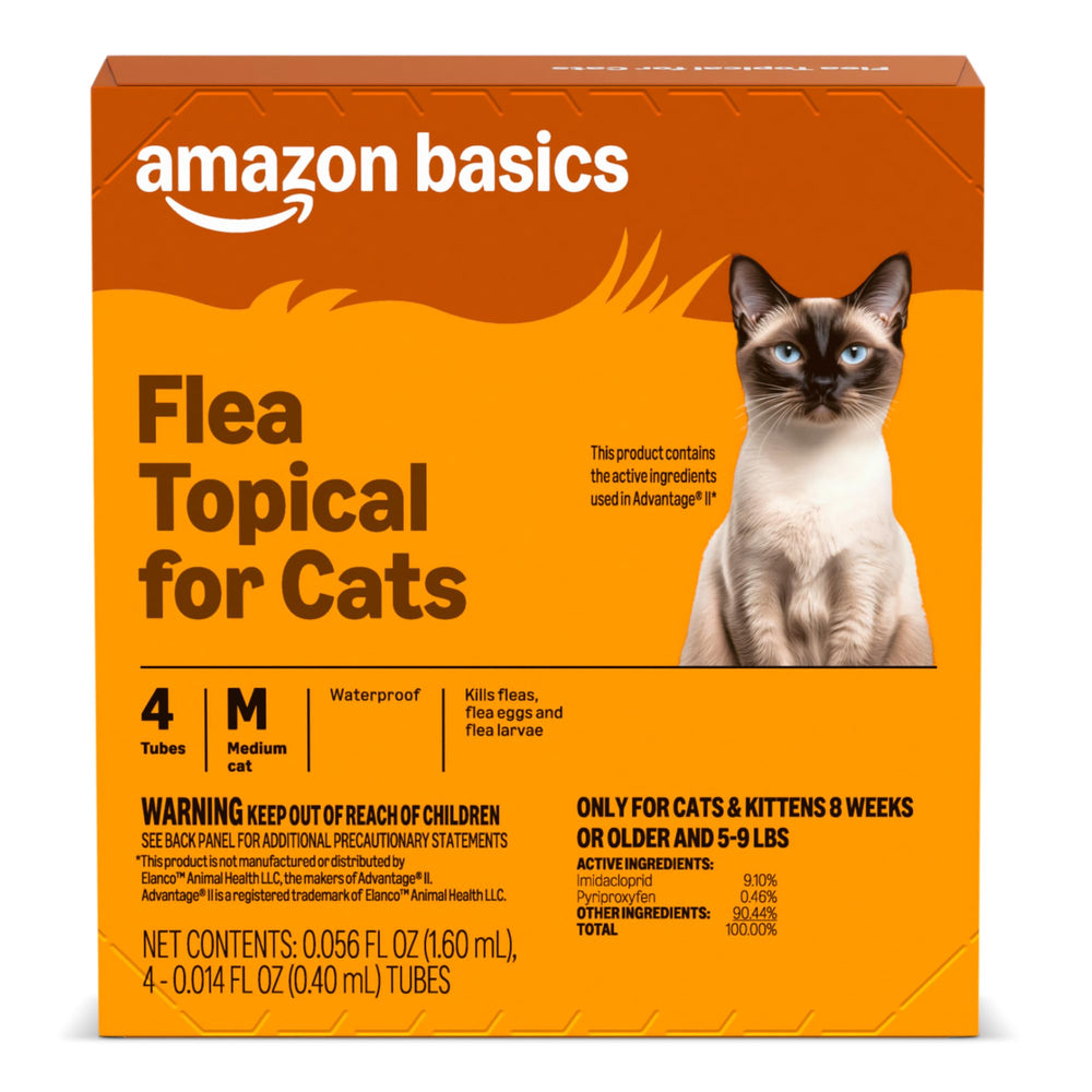 Amazon Basics topical flea treatment on cat back for easy monthly application.