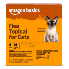 Amazon Basics topical flea treatment on cat back for easy monthly application.