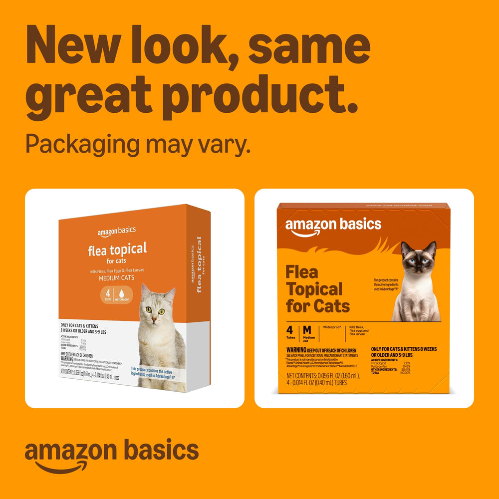 Amazon Basics packaging shows a four-dose pack for medium cats.