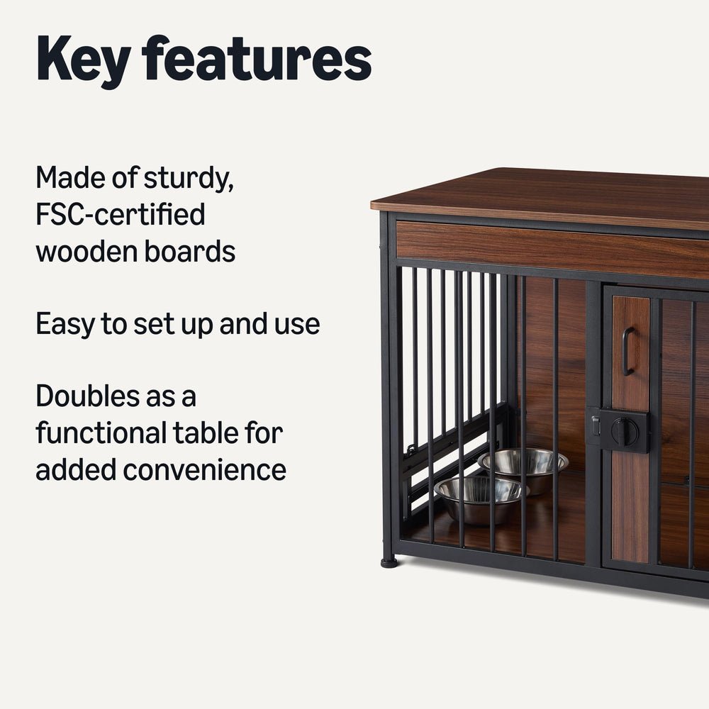 Amazon Basics wooden kennel in walnut finish shown alongside bowls for convenient feeding.