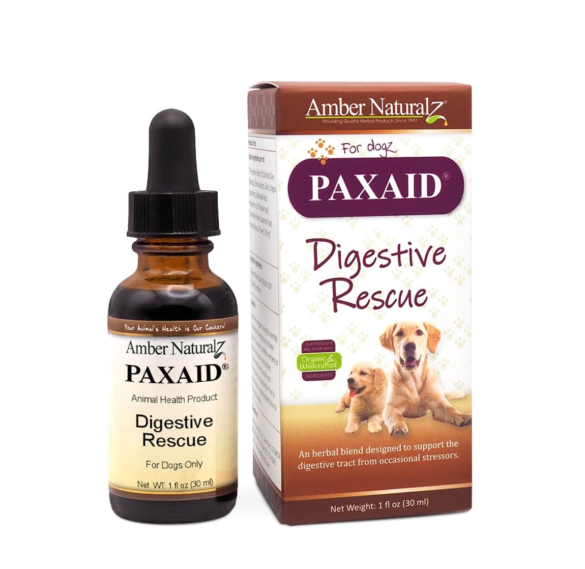 Amber NaturalZ Paxaid bottle with dropper supports gentle digestion for dogs.