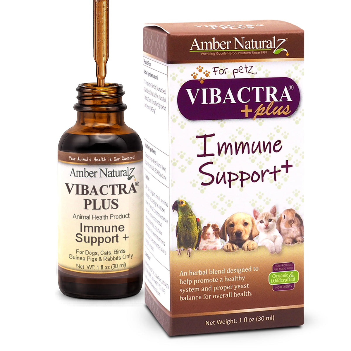 Amber NaturalZ Vibactra Plus bottle on shelf ready for pet immune support