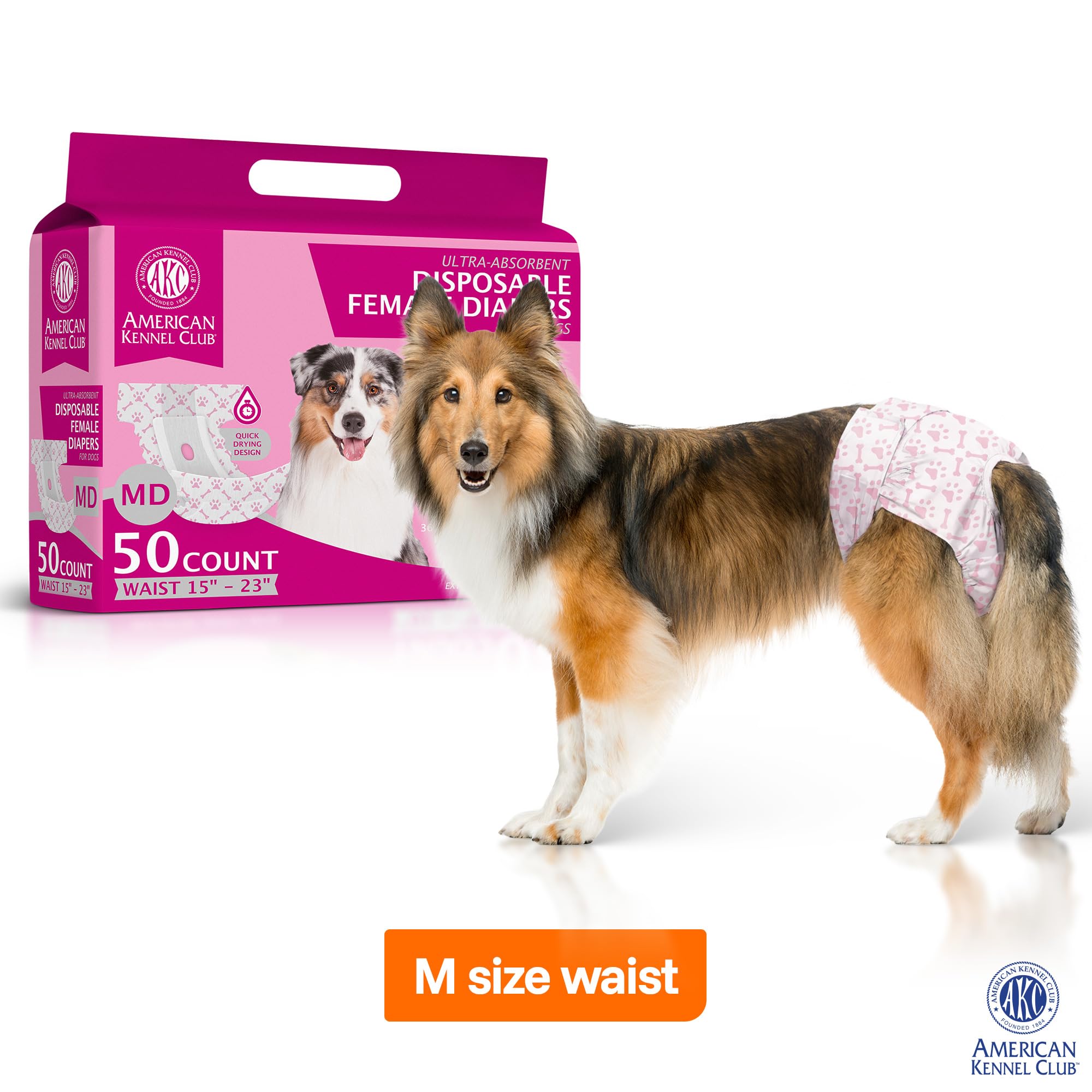American Kennel Club diaper with quick-drying core keeps your pup dry