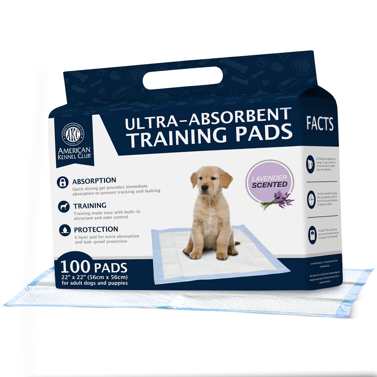 American Kennel Club lavender scented training pad with leak-proof top layer for home use.