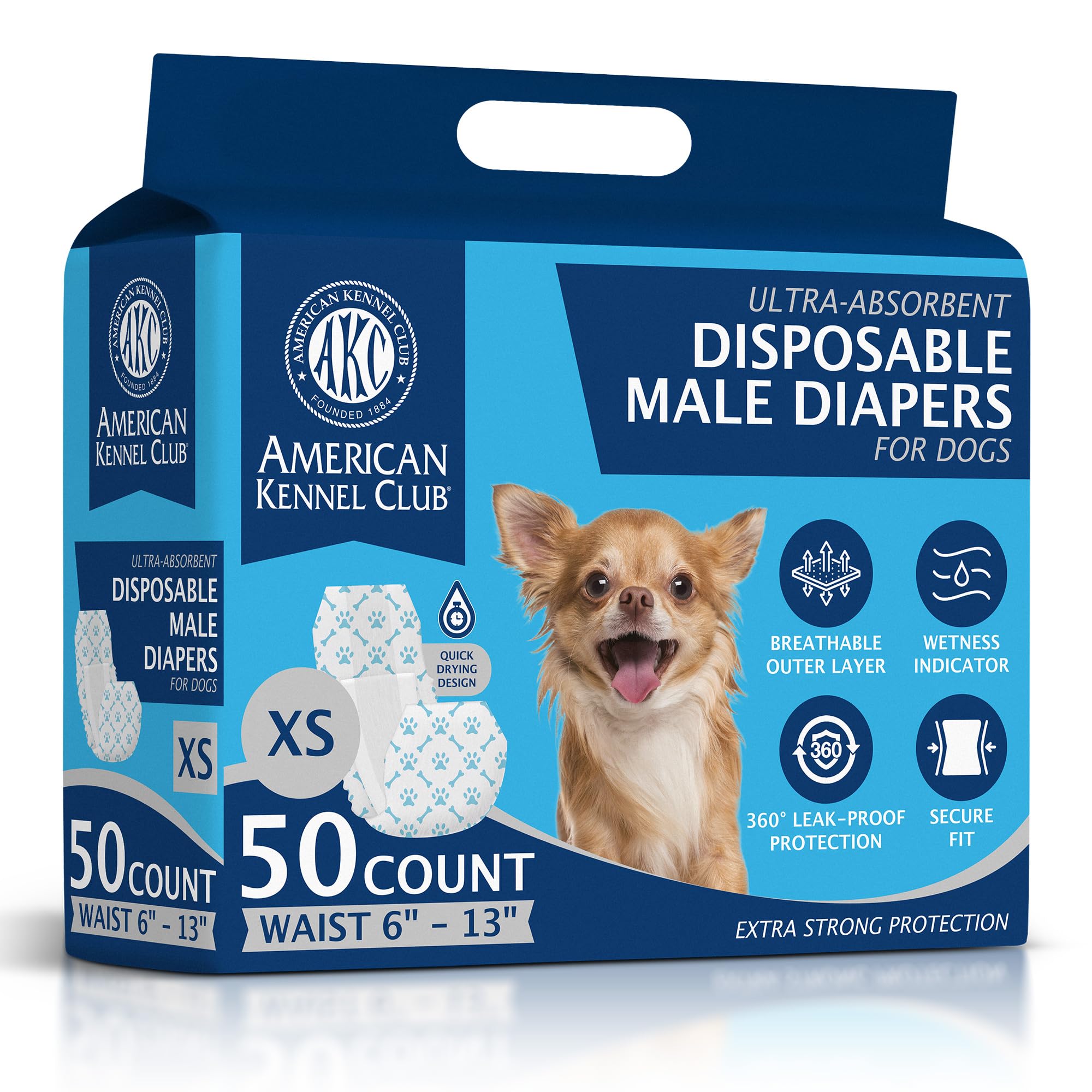 American Kennel Club Male Dog Wrap with wetness indicator shows when to change.
