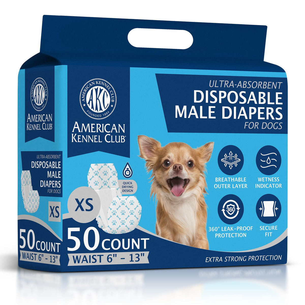American Kennel Club Male Dog Wrap with wetness indicator shows when to change.