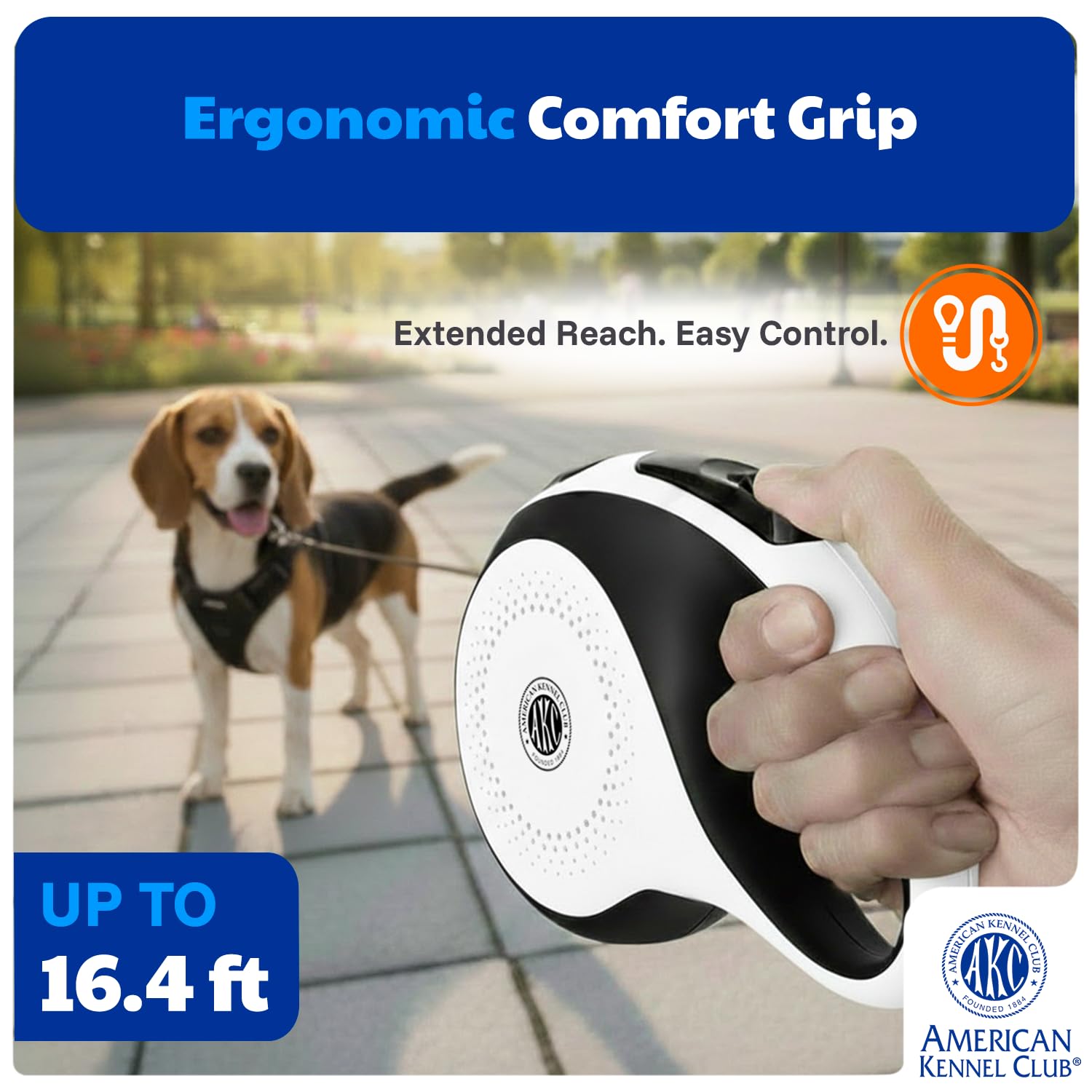 American Kennel Club one-hand brake system enabling quick length adjustments on the go.