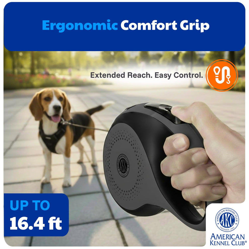 American Kennel Club retractable leash in action with one-hand brake for quick adjustments