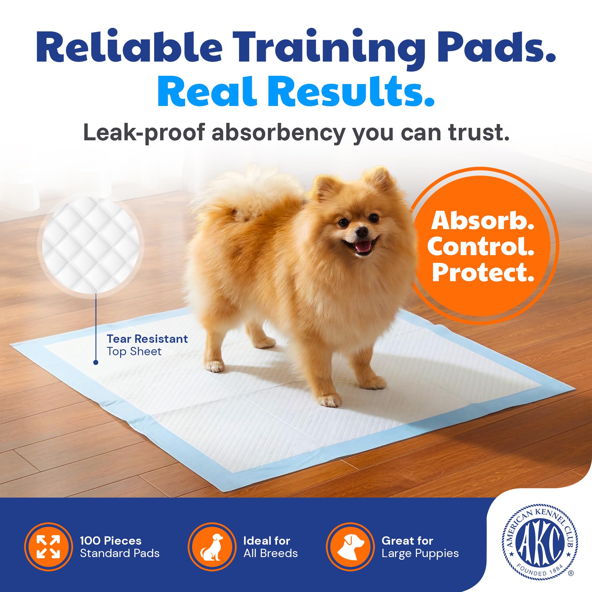 American Kennel Club scented puppy training pad 100-pack label highlights value