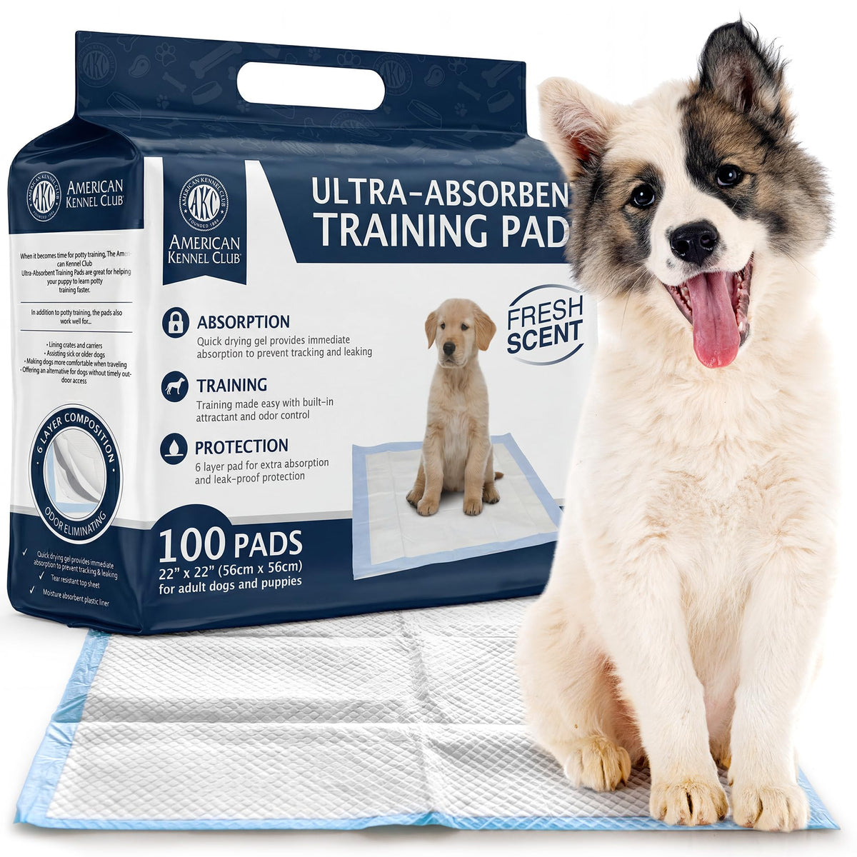 American Kennel Club scented puppy training pad front packaging demonstrates convenient 100-pack