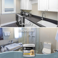 Smells Begone gel texture in living room setting demonstrates fragrance-free odor management
