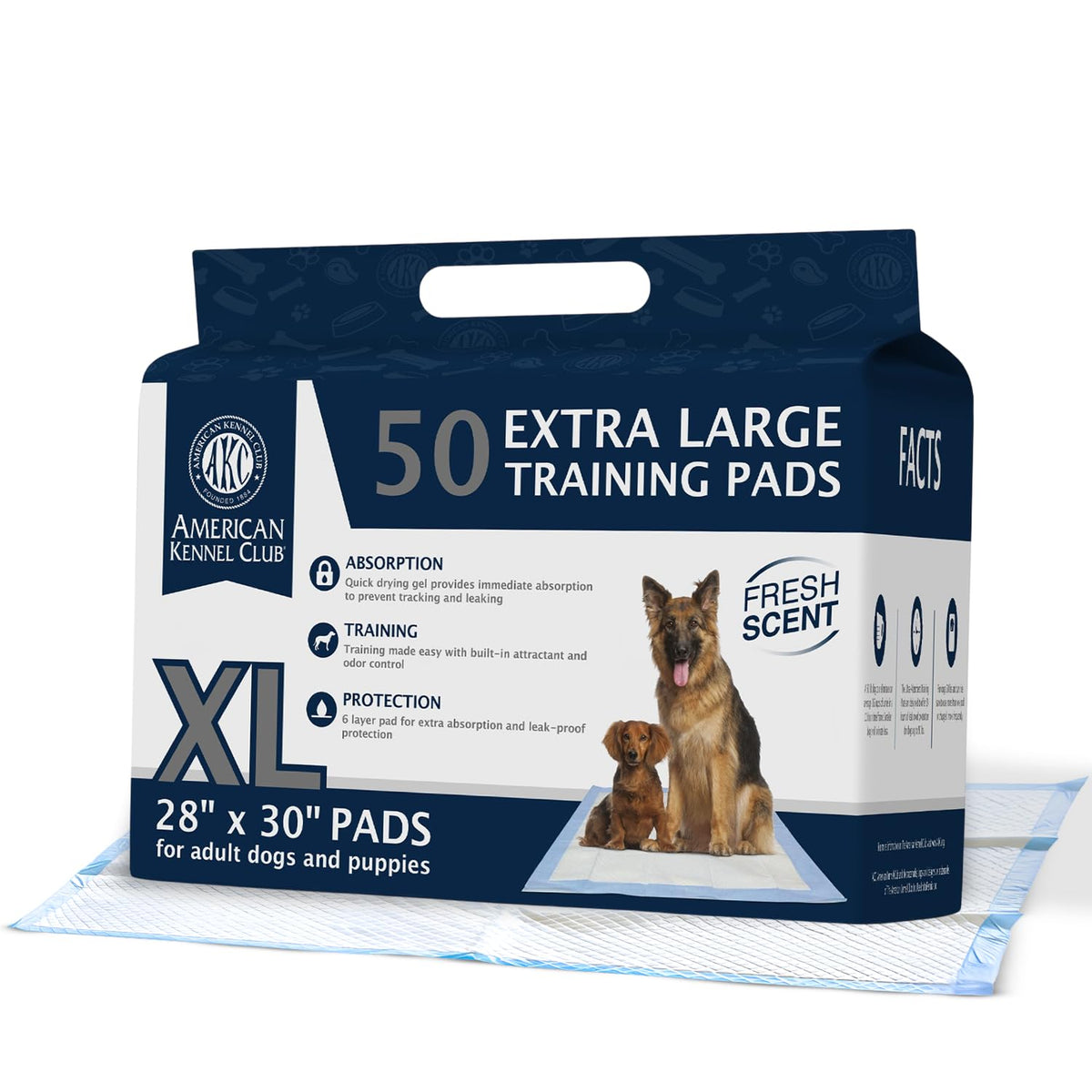 American Kennel Club XXL pads 28x34 top view show multi-layer absorbency with odor control
