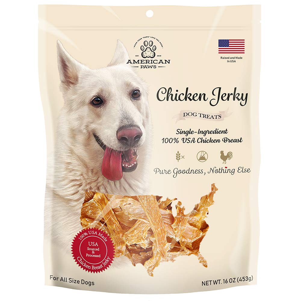American Paws Chicken Jerky dog treats in a resealable bag.