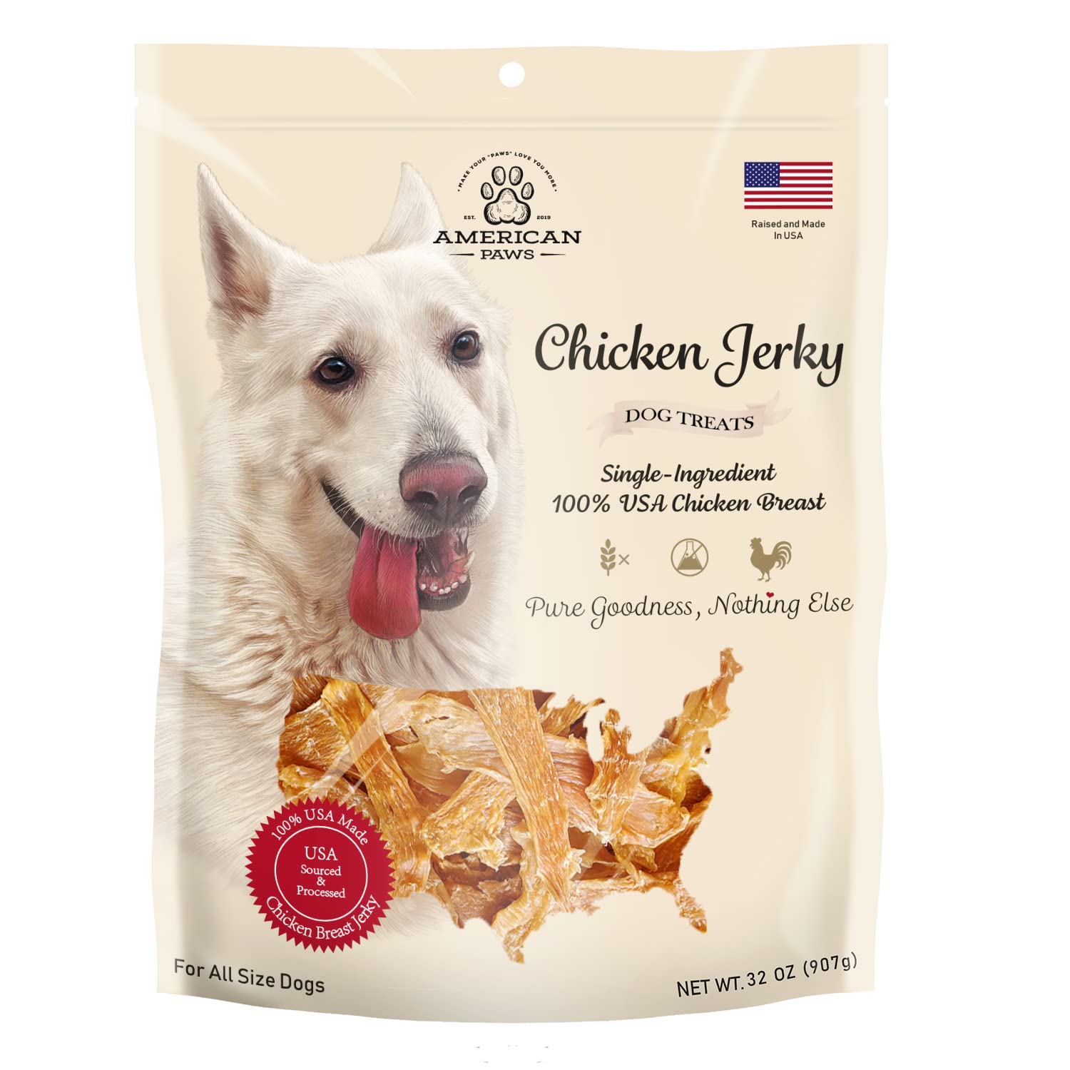 American Paws chicken jerky resealable bag keeps freshness between servings.