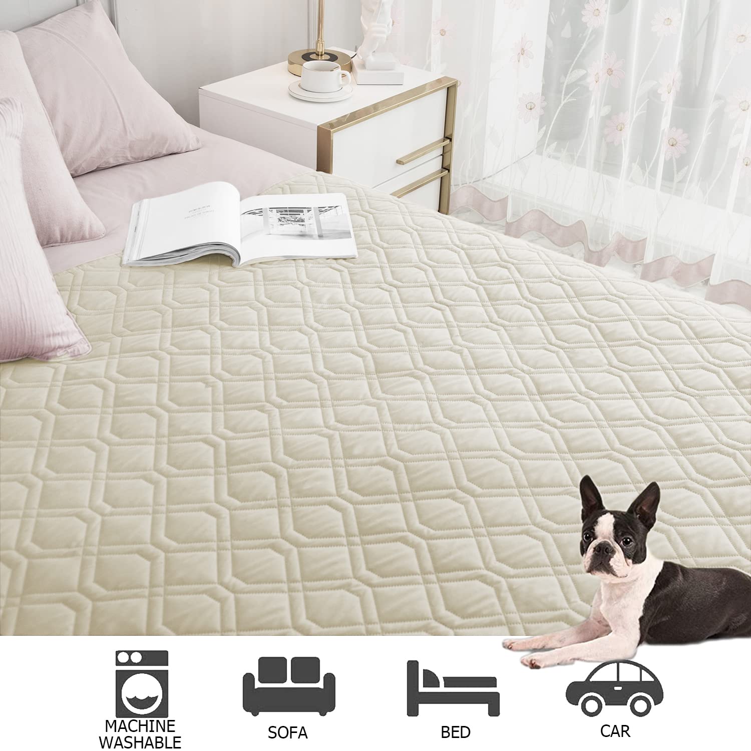 Ameritex dog resting on bed covered by blanket for cozy spaces.