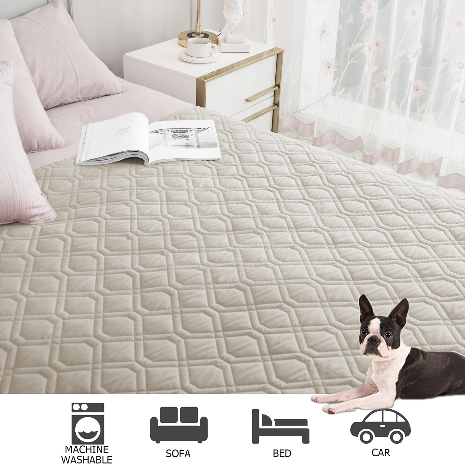 Ameritex pet-friendly protector on bed reduces mess risk.