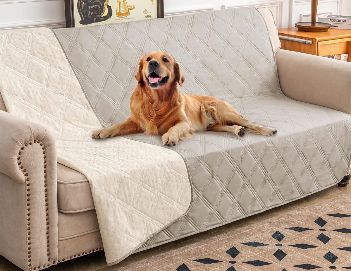 Ameritex waterproof dog bed cover on sofa protecting upholstery from spills