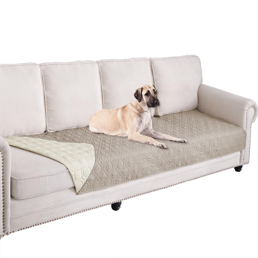Ameritex waterproof dog bed cover on sofa protecting furniture from spills.