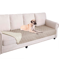 Ameritex waterproof dog bed cover on sofa protecting furniture from spills.