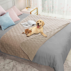Ameritex waterproof dog bed cover protecting a sofa from mess and pet hair.