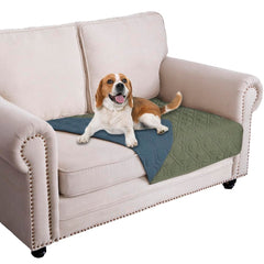 Ameritex waterproof dog bed cover on a sofa protects against spills.