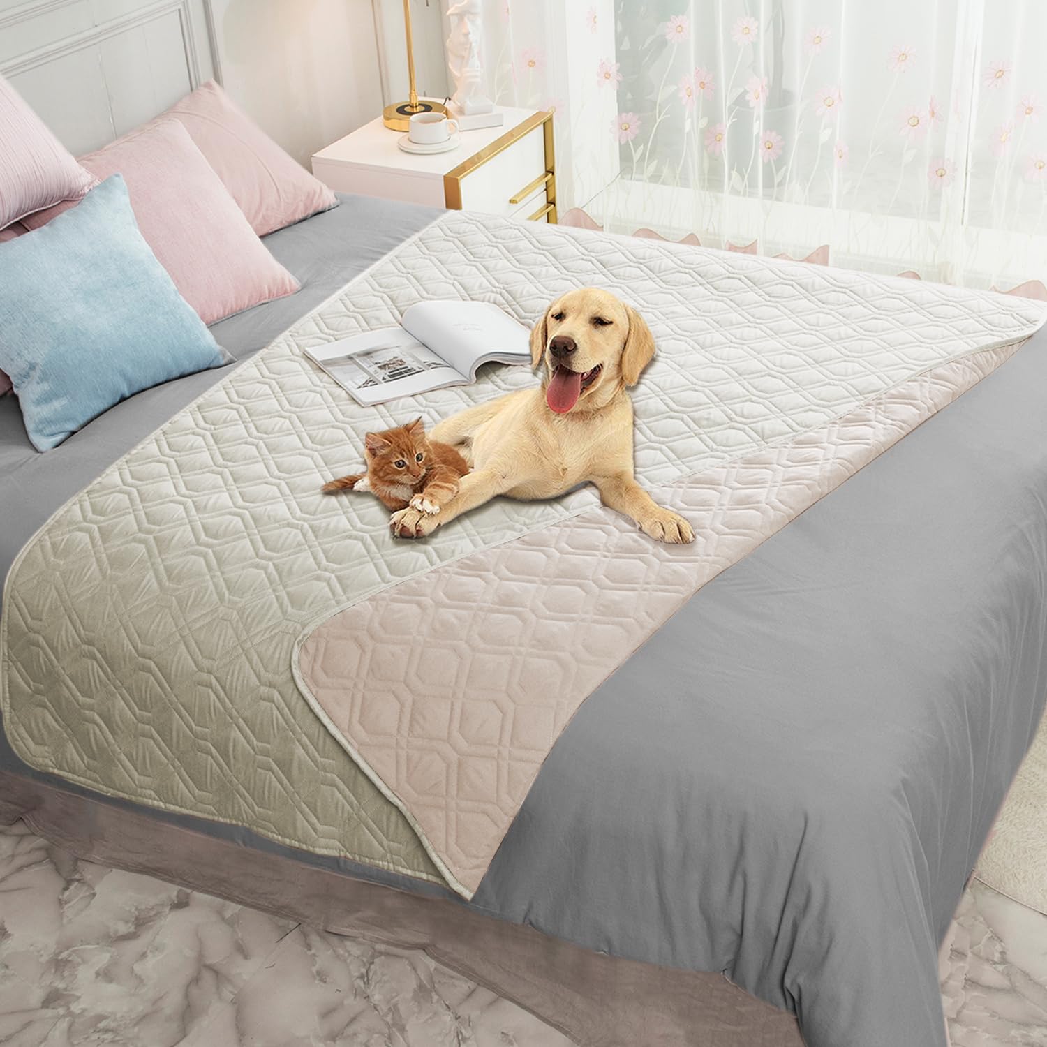 Ameritex waterproof dog bed cover on sofa protects furniture from spills and accidents.