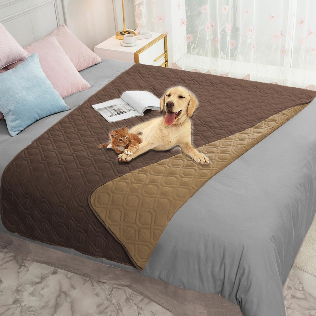Ameritex waterproof dog bed cover on a sofa protects furniture from spills