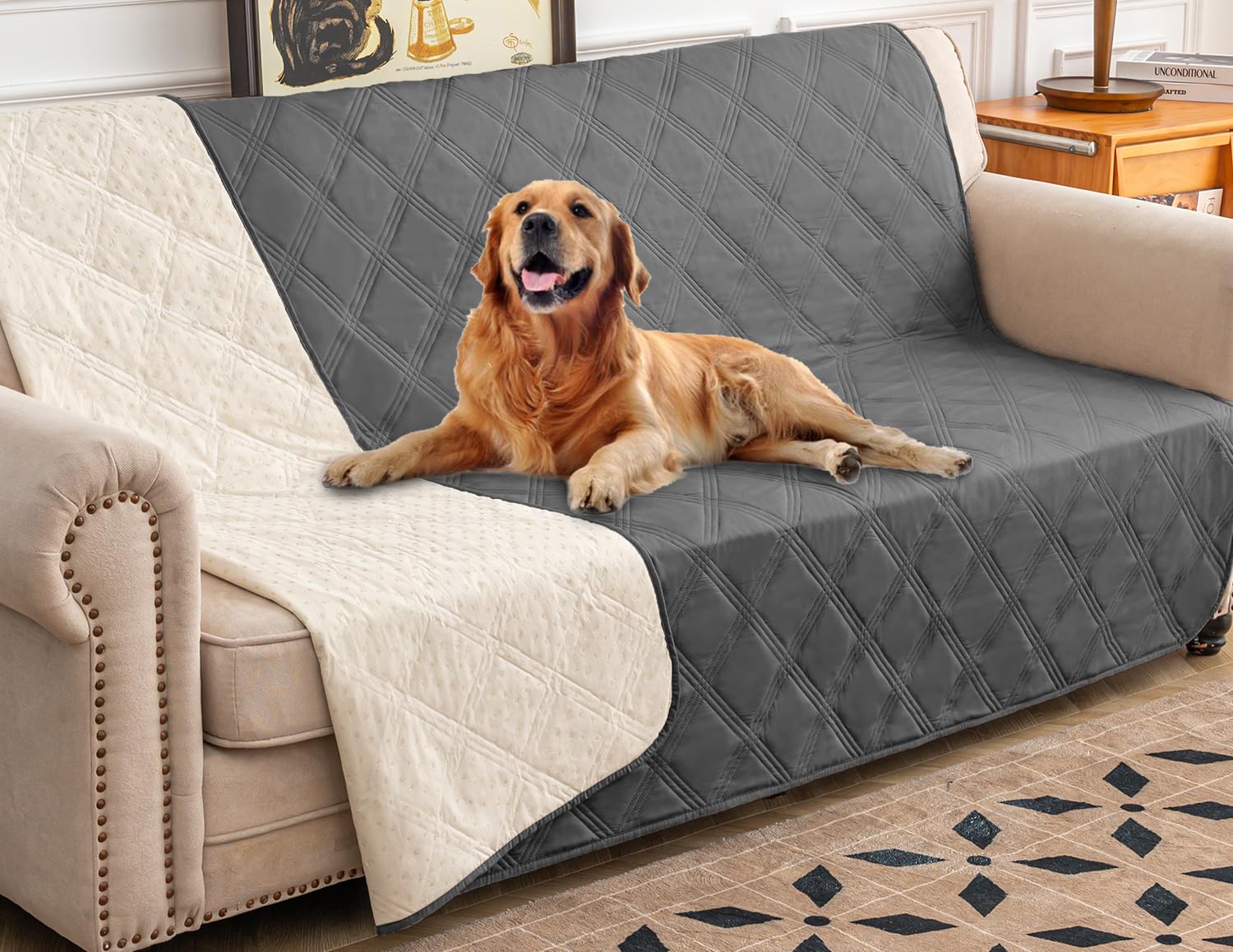 Ameritex waterproof dog bed cover protects furniture from spills and accidents.