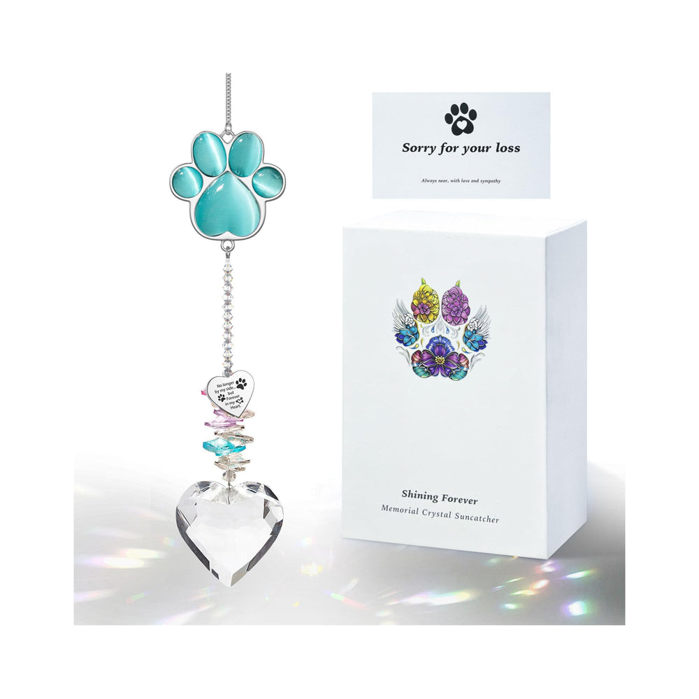 AMETHUARTZ Pet Memorial Suncatcher cat paw crystal in peacock blue reflects sunlit memories
