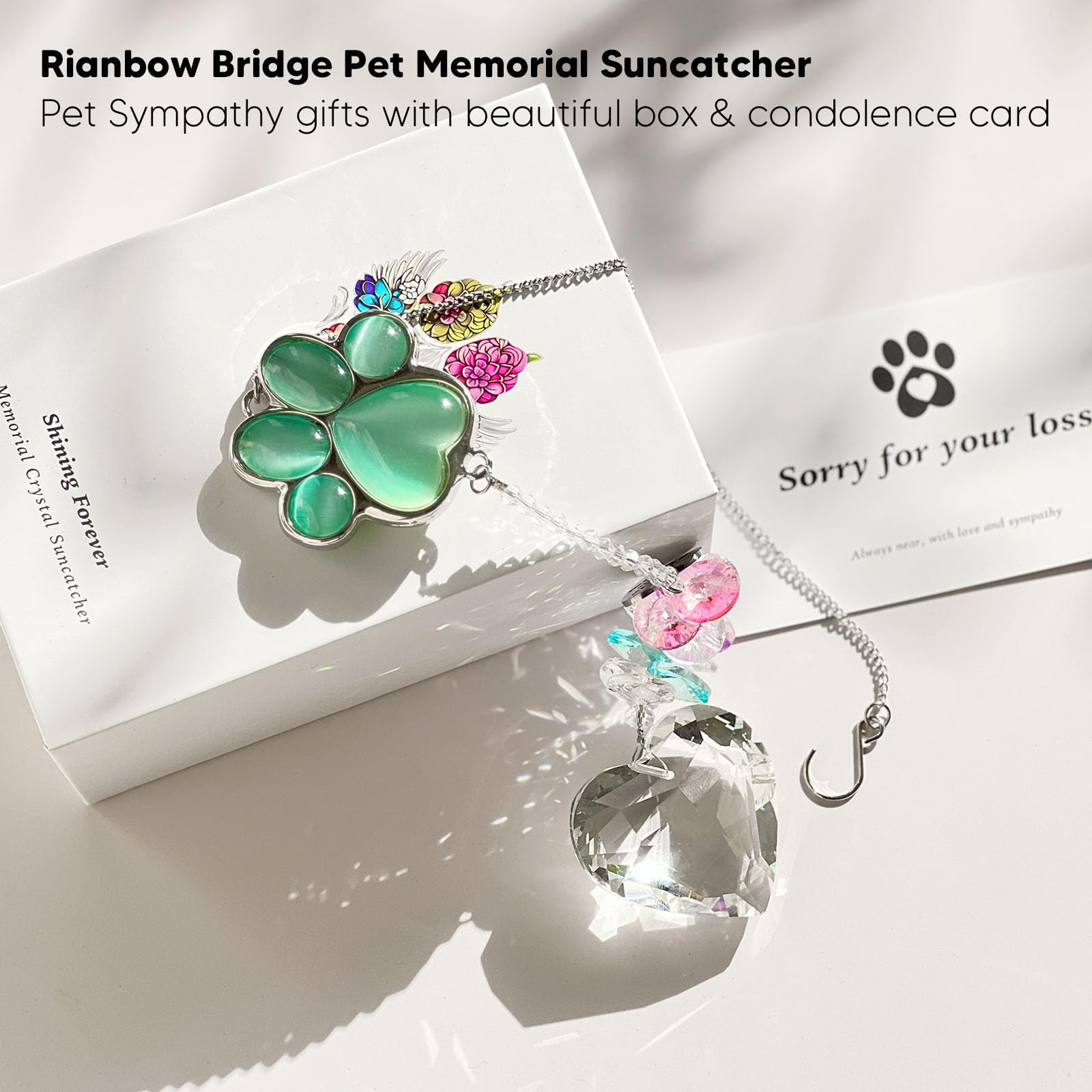 AMETHUARTZ Pet Memorial Suncatcher crystal sphere pendant flashes rainbow reflections in sunlight