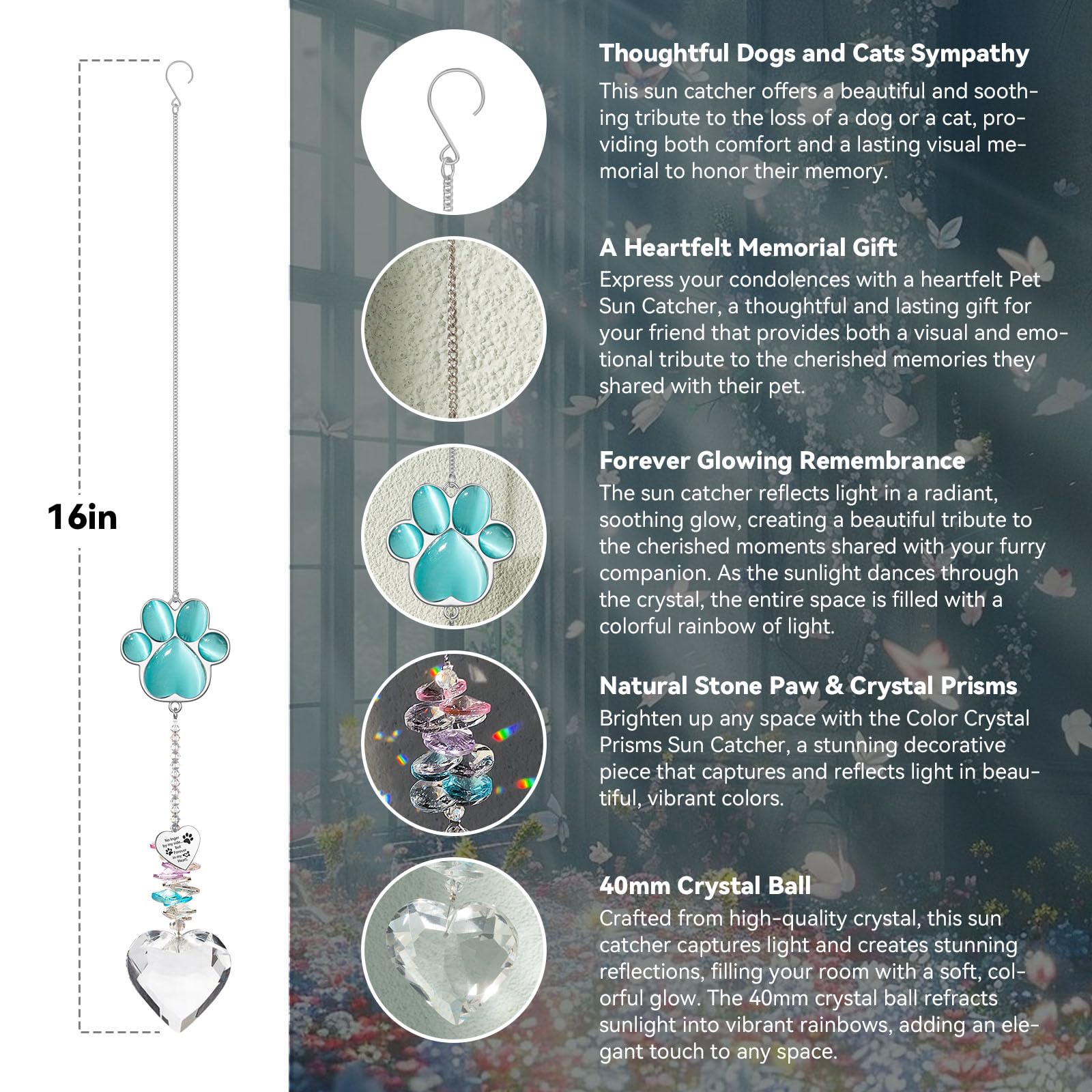 AMETHUARTZ Pet Memorial Suncatcher hangs in a sunny window to transform rays