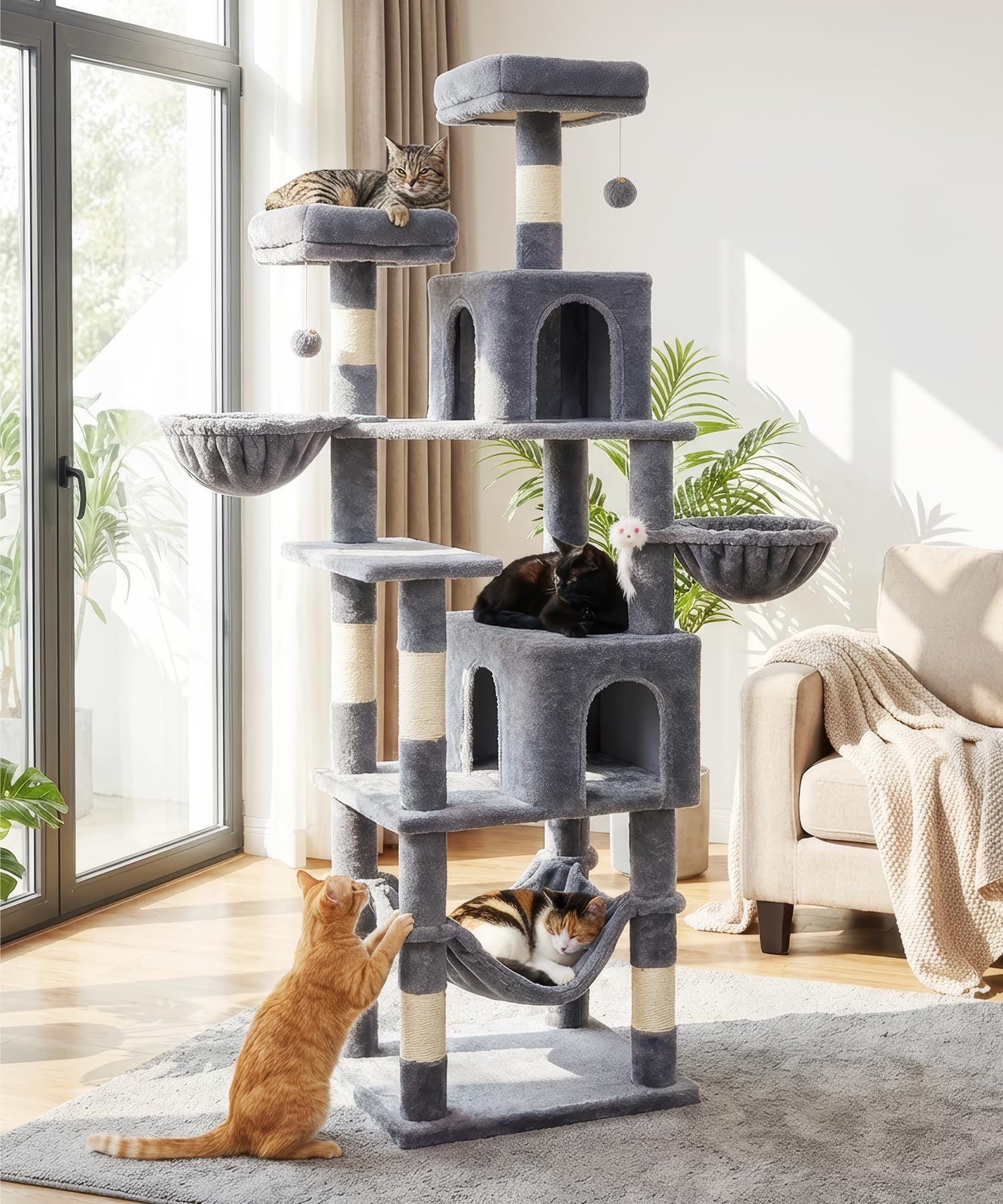 AMHANCIBLE 70-inch cat tree base offers stable grounding for large cats.