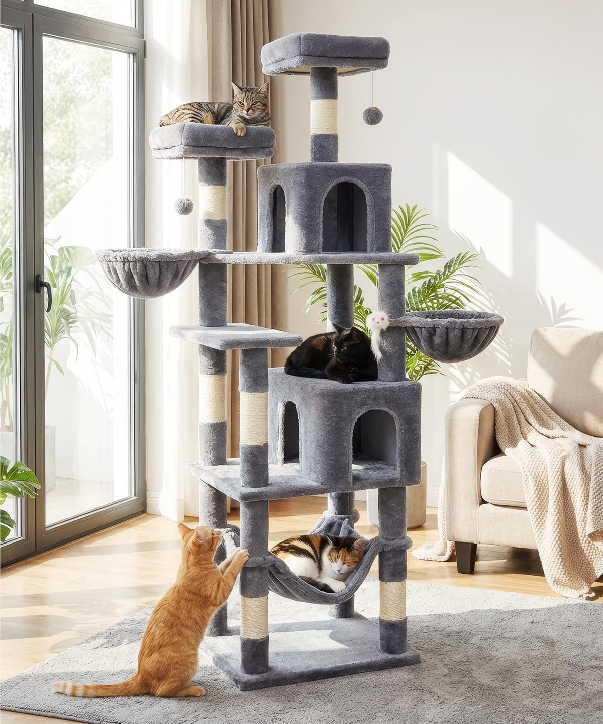 AMHANCIBLE 70-inch cat tree base offers stable grounding for large cats.