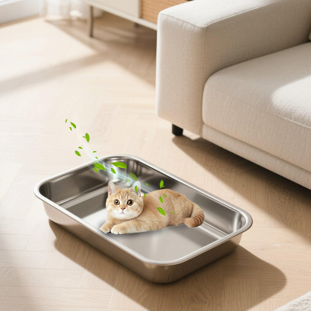 Amibud easy-clean stainless steel litter pan for quick maintenance.