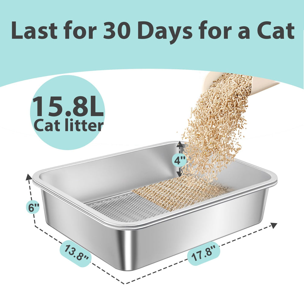Amibud stainless steel sifting litter box shows dimensions 17.72 by 13.78 inches