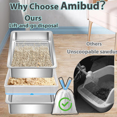 Amibud stainless steel sifting litter box with pine pellets for clean waste