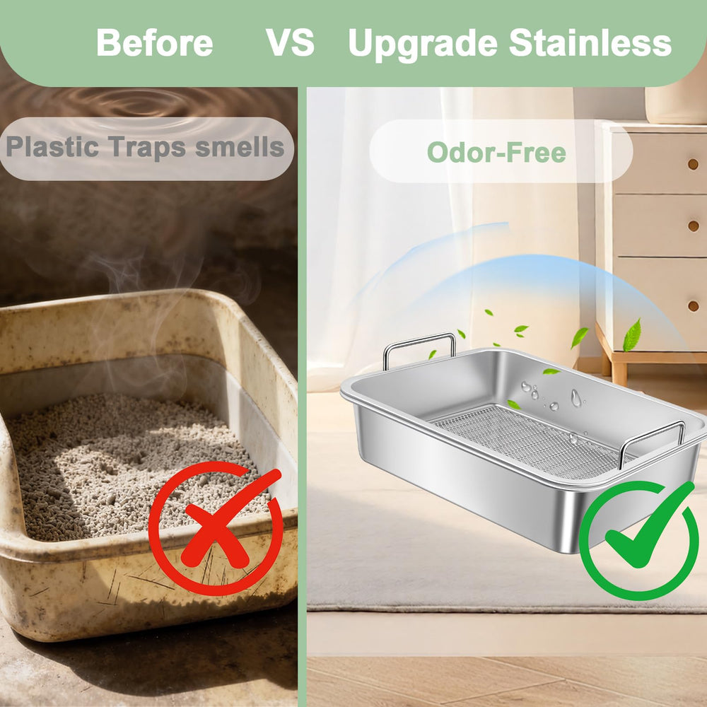 Amibud stainless steel sifting litter box—top view highlights roomy interior for cats