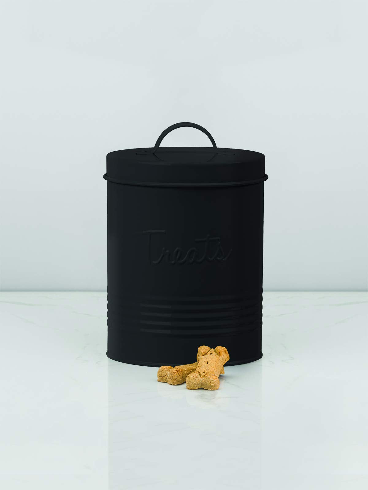 Amici Pet canister with tight-fitting lid preserves dry treats.