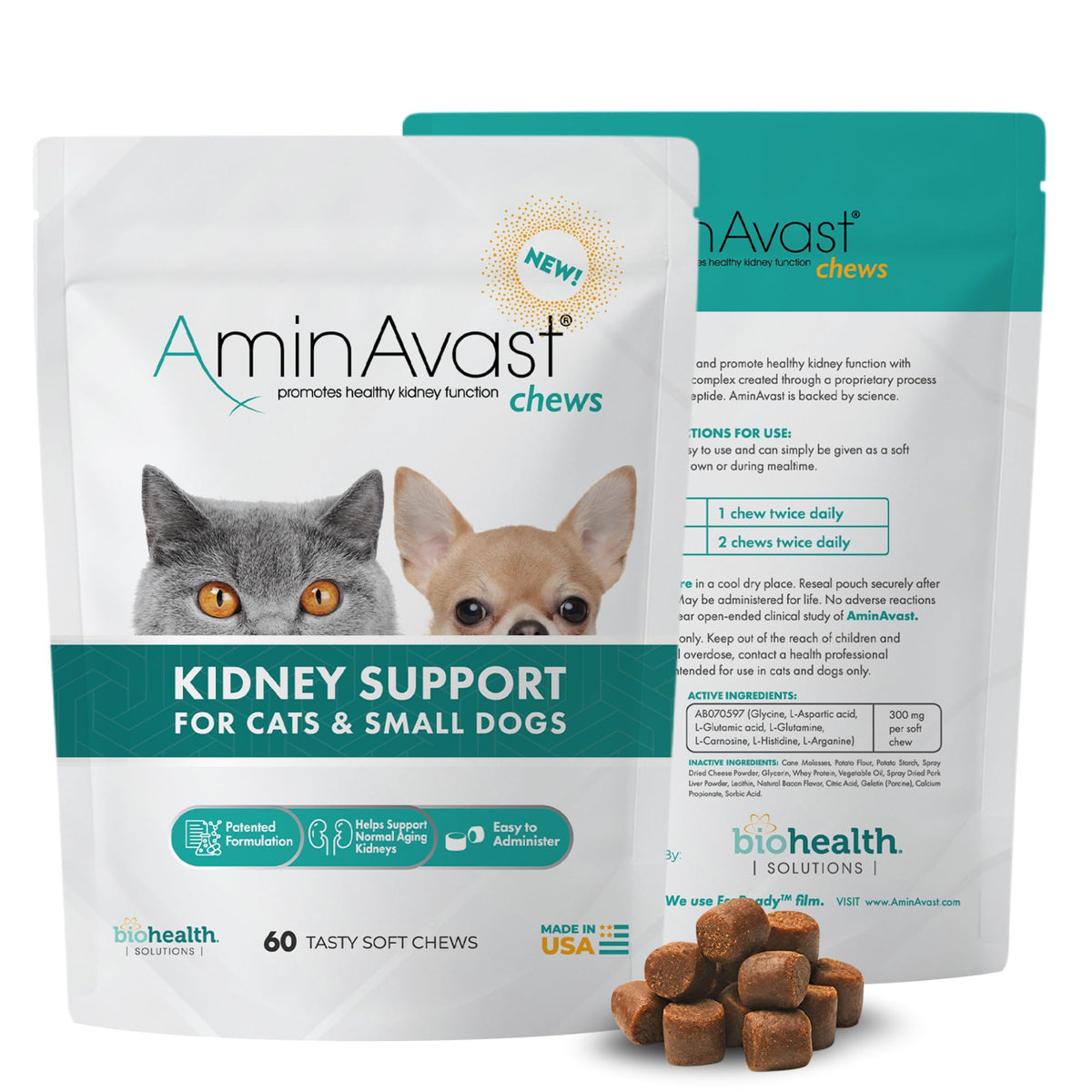 AminAvast small dogs kidney support bottle label promotes trusted daily kidney wellness.